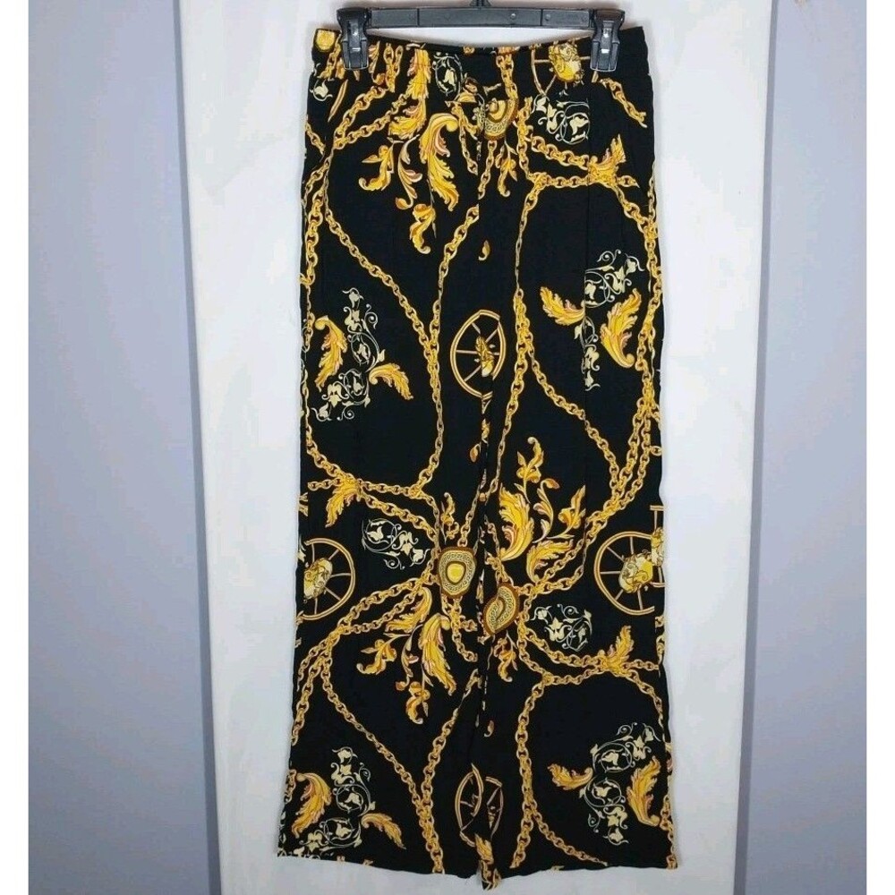 Indero Wide Leg Pants L Black Baroque Chain Print Rayon Elastic Waist Pull-on